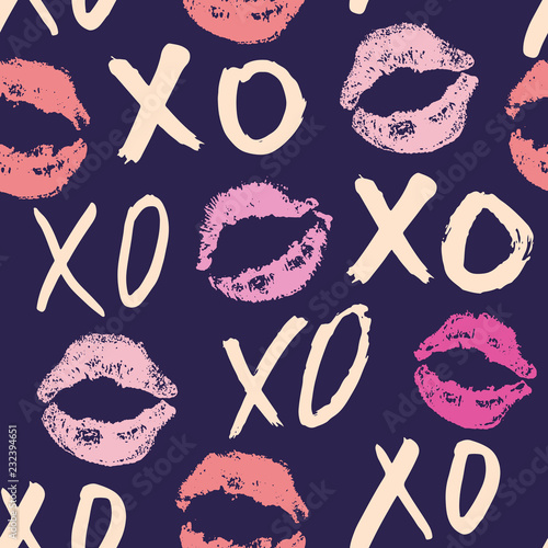 XOXO brush lettering signs seamless pattern, Grunge calligraphic hugs and kisses Phrase, Internet slang abbreviation XOXO symbols, vector illustration isolated on white background