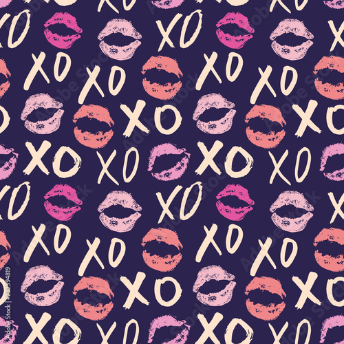 XOXO brush lettering signs seamless pattern, Grunge calligraphic hugs and kisses Phrase, Internet slang abbreviation XOXO symbols, vector illustration isolated on white background