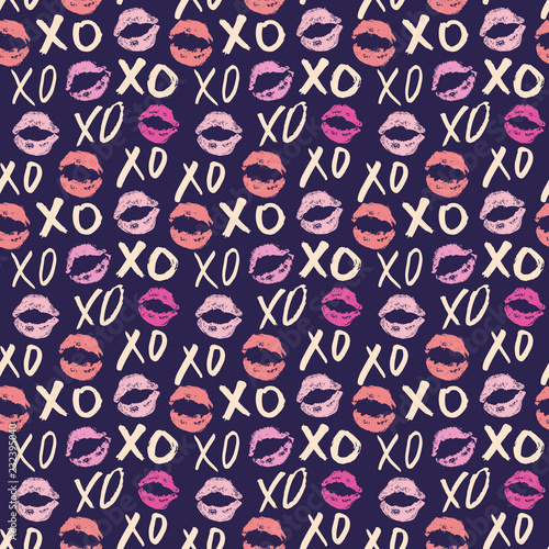 XOXO brush lettering signs seamless pattern, Grunge calligraphic hugs and kisses Phrase, Internet slang abbreviation XOXO symbols, vector illustration isolated on white background