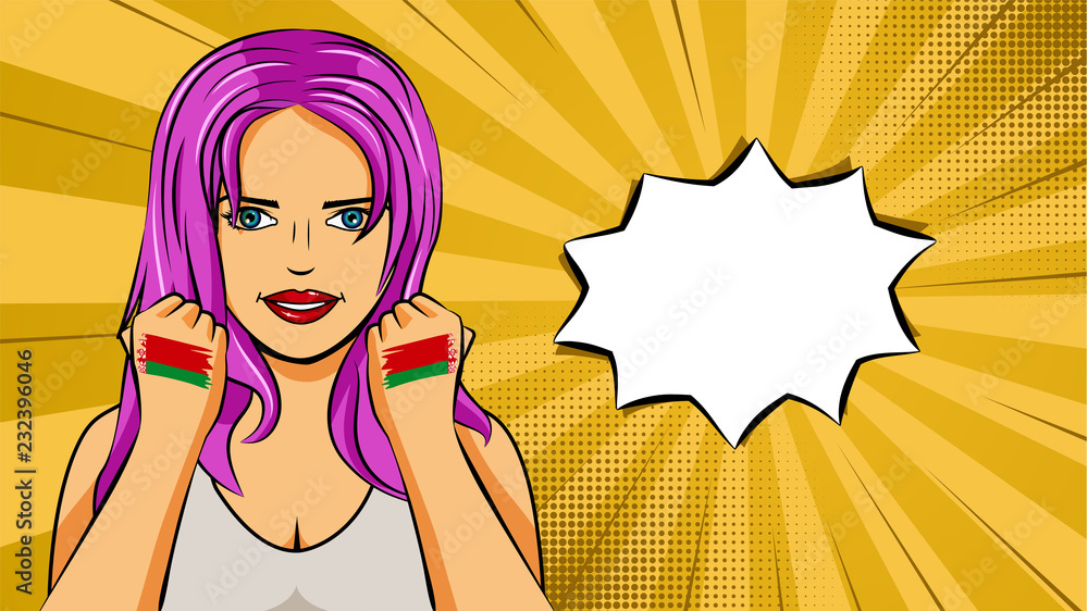 European woman paint hands of national flag Belarus in pop art style illustration. Element of sport fan illustration for mobile and web apps
