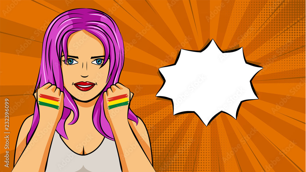 European woman paint hands of national flag Bolivia in pop art style illustration. Element of sport fan illustration for mobile and web apps