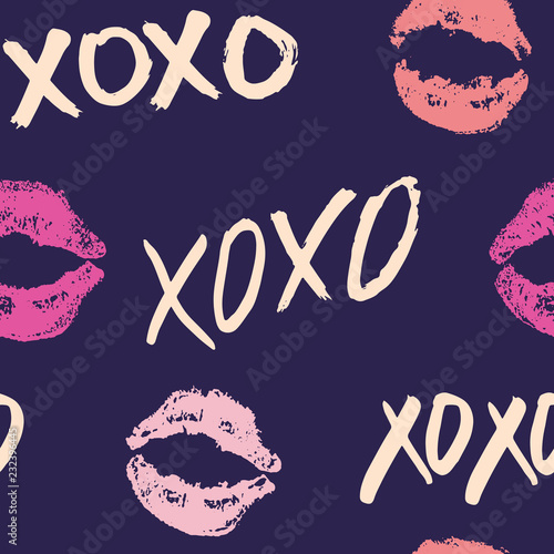 XOXO brush lettering signs seamless pattern, Grunge calligraphic hugs and kisses Phrase, Internet slang abbreviation XOXO symbols, vector illustration isolated on white background