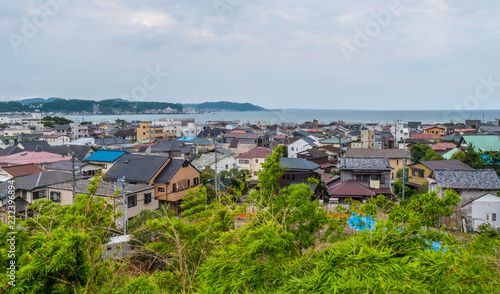 Wide angle view over the city and bay of Kamakura Japan