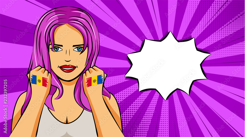 European woman paint hands of national flag Moldova in pop art style illustration. Element of sport fan illustration for mobile and web apps