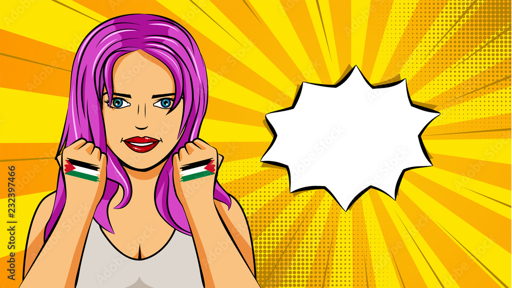 European woman paint hands of national flag Palestine in pop art style illustration. Element of sport fan illustration for mobile and web apps European woman paint hands of national flag Palestine in pop art style illustration. Element of sport fan illustration for mobile and web apps