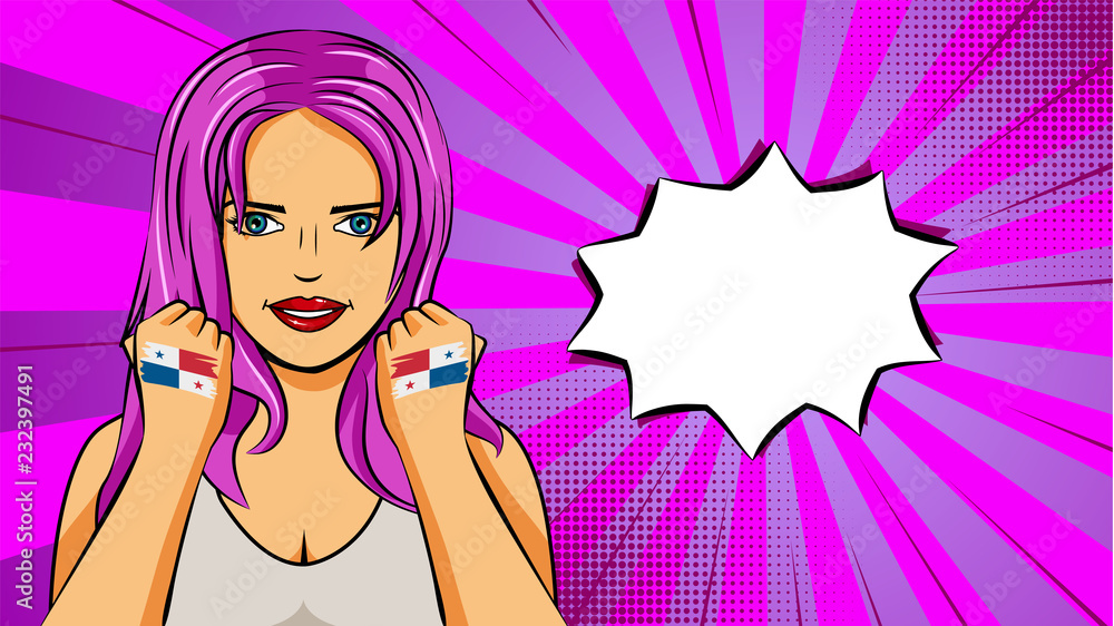 European woman paint hands of national flag Panama in pop art style illustration. Element of sport fan illustration for mobile and web apps