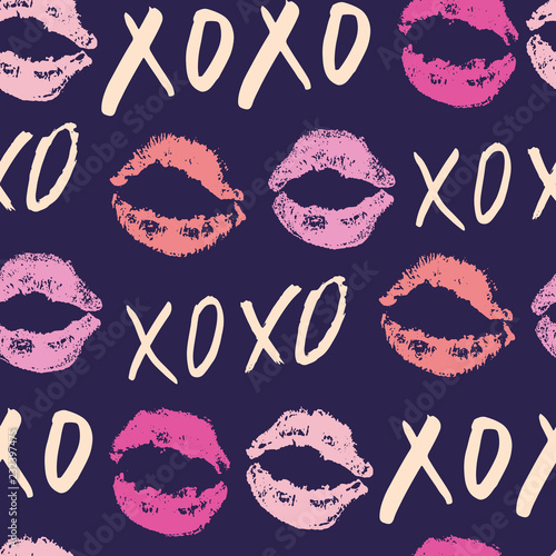 XOXO brush lettering signs seamless pattern, Grunge calligraphic hugs and kisses Phrase, Internet slang abbreviation XOXO symbols, vector illustration isolated on white background