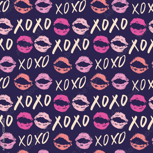 XOXO brush lettering signs seamless pattern, Grunge calligraphic hugs and kisses Phrase, Internet slang abbreviation XOXO symbols, vector illustration isolated on white background