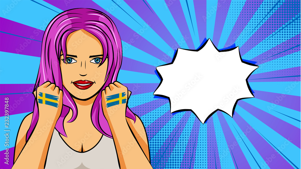 European woman paint hands of national flag Sweden in pop art style illustration. Element of sport fan illustration for mobile and web apps