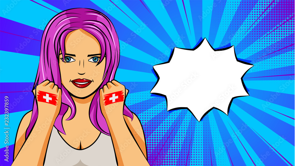 European woman paint hands of national flag Switzerland in pop art style illustration. Element of sport fan illustration for mobile and web apps