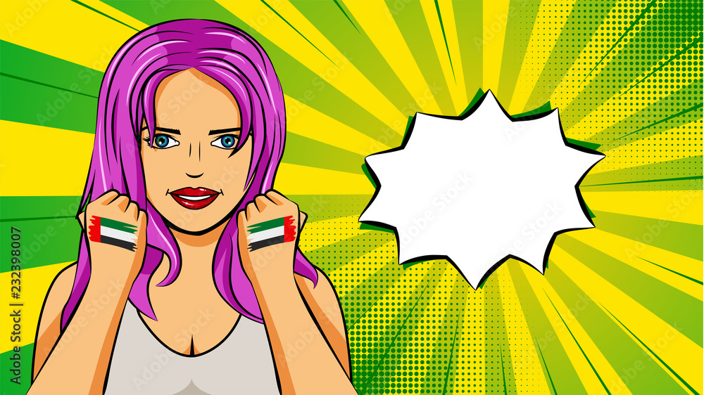 European woman paint hands of national flag United Arab Emirates in pop art style illustration. Element of sport fan illustration for mobile and web apps