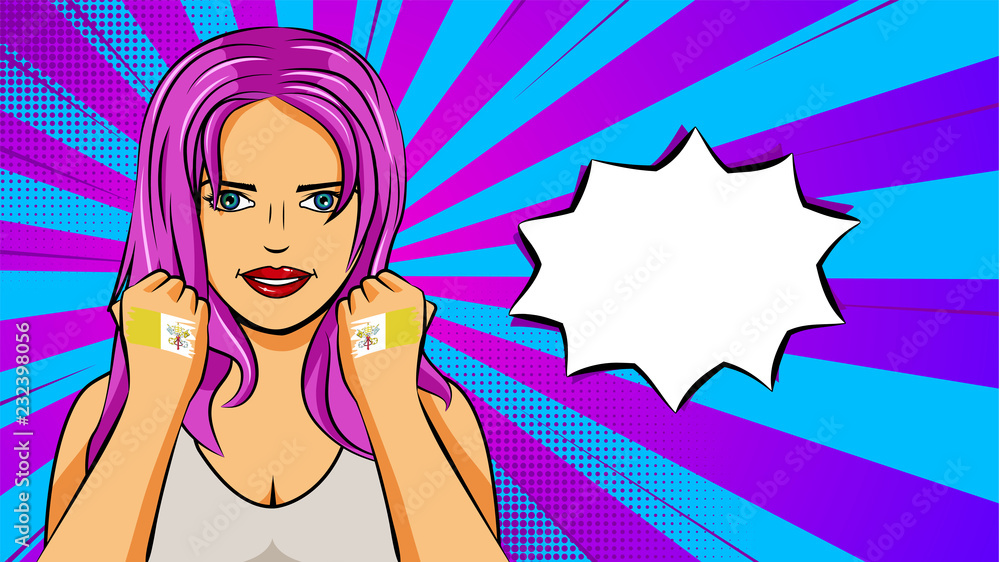 European woman paint hands of national flag Vatican City in pop art style illustration. Element of sport fan illustration for mobile and web apps