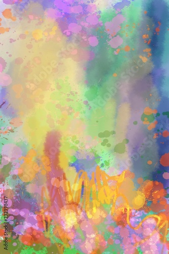 painterly colorful abstract on paper, paint, ink splash and watercolors hand painted unique background design © kalanustudios.com