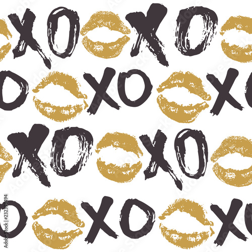 XOXO brush lettering signs seamless pattern, Grunge calligraphic hugs and kisses Phrase, Internet slang abbreviation XOXO symbols, vector illustration isolated on white background