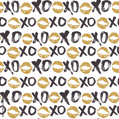 XOXO brush lettering signs seamless pattern, Grunge calligraphic hugs and kisses Phrase, Internet slang abbreviation XOXO symbols, vector illustration isolated on white background