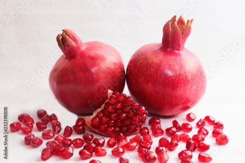 mature, red pomegranates, grown, garden plot