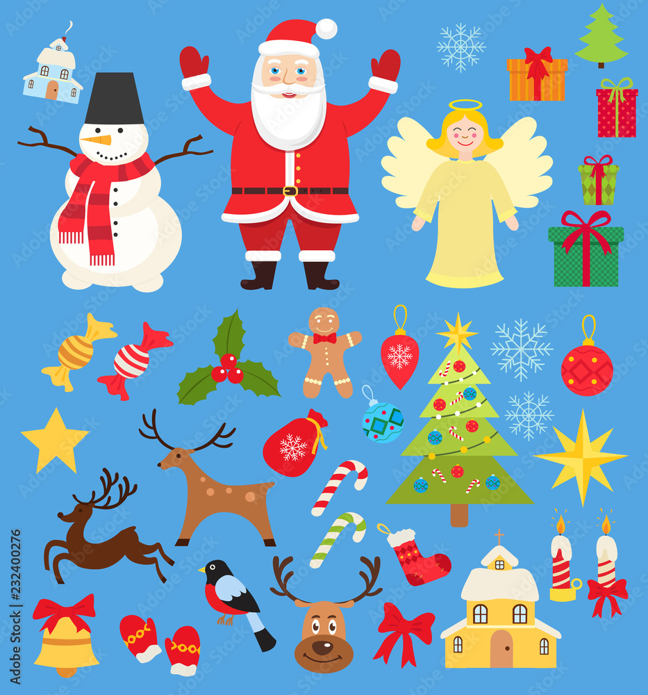 Fototapeta premium Set of Christmas characters and elements icons, santa and snowman and deer in cartoon flat style