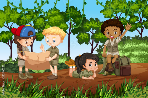 Children camping in the forest