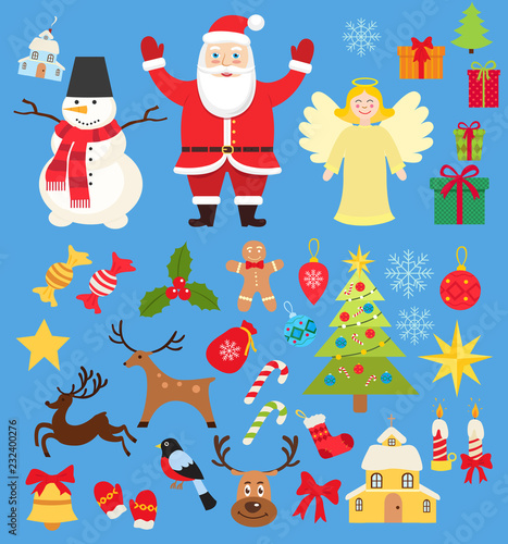 Set of Christmas characters and elements icons, santa and snowman and deer in cartoon flat style