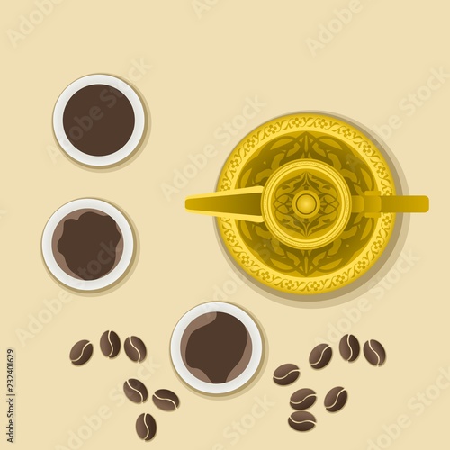 Top View Arabian Coffee in Finjan Cups and Dallah Pot With Roasted Beans Vector Illustration for Middle Eastern Culture Tradition Cafe and Islamic Moments Design
