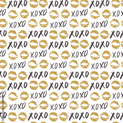 XOXO brush lettering signs seamless pattern, Grunge calligraphic hugs and kisses Phrase, Internet slang abbreviation XOXO symbols, vector illustration isolated on white background