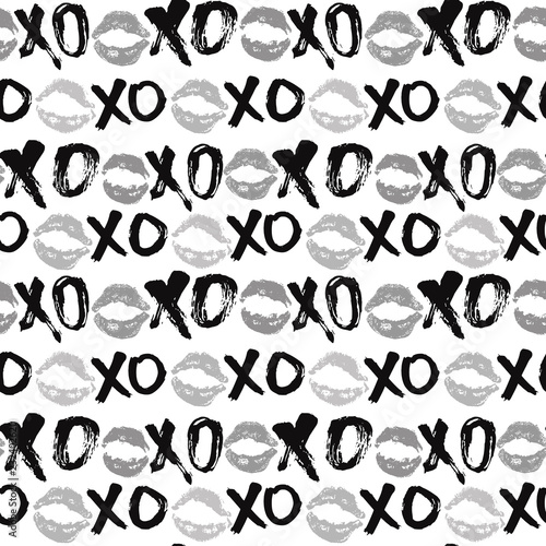 XOXO brush lettering signs seamless pattern, Grunge calligraphic hugs and kisses Phrase, Internet slang abbreviation XOXO symbols, vector illustration isolated on white background