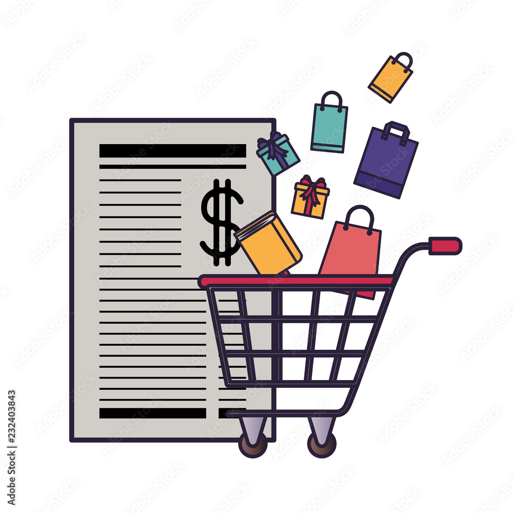 shopping cart with gifts falling isolated icon shopping cart with gifts falling isolated icon