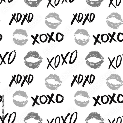 XOXO brush lettering signs seamless pattern, Grunge calligraphic hugs and kisses Phrase, Internet slang abbreviation XOXO symbols, vector illustration isolated on white background
