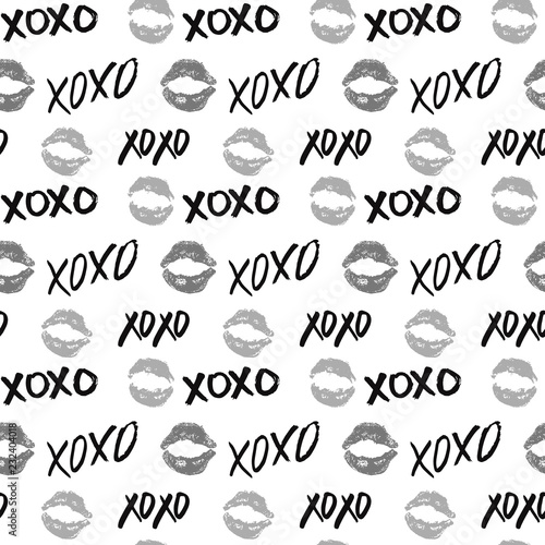 XOXO brush lettering signs seamless pattern, Grunge calligraphic hugs and kisses Phrase, Internet slang abbreviation XOXO symbols, vector illustration isolated on white background