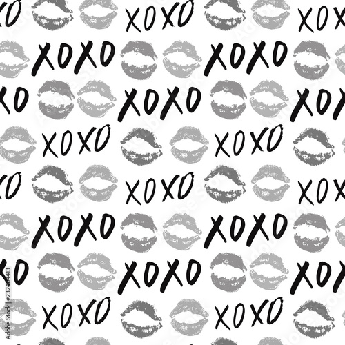 XOXO brush lettering signs seamless pattern, Grunge calligraphic hugs and kisses Phrase, Internet slang abbreviation XOXO symbols, vector illustration isolated on white background