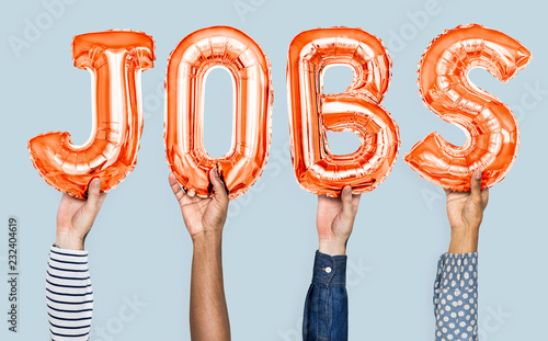 Hands showing jobs balloons word photo