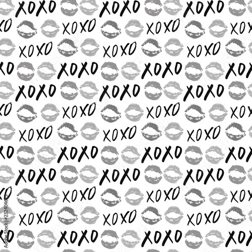 XOXO brush lettering signs seamless pattern, Grunge calligraphic hugs and kisses Phrase, Internet slang abbreviation XOXO symbols, vector illustration isolated on white background