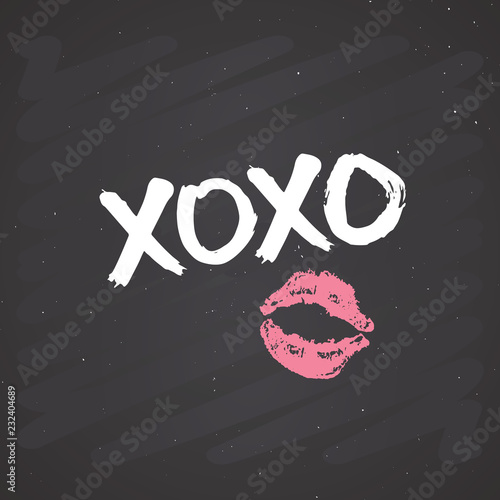 XOXO brush lettering sign, Grunge calligraphic hugs and kisses Phrase, Internet slang abbreviation XOXO symbols, vector illustration on chalkboard background