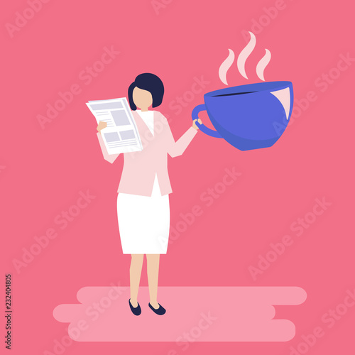 Businesswoman drinking coffee and reading a newspaper illustration