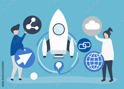 Two people holding startup technology icons illustration