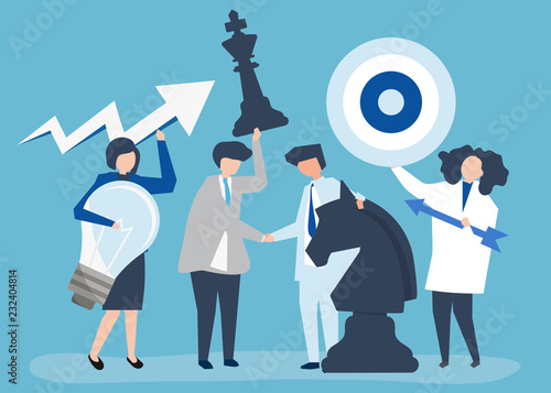 Business people holding goal and strategy icons illustration photo