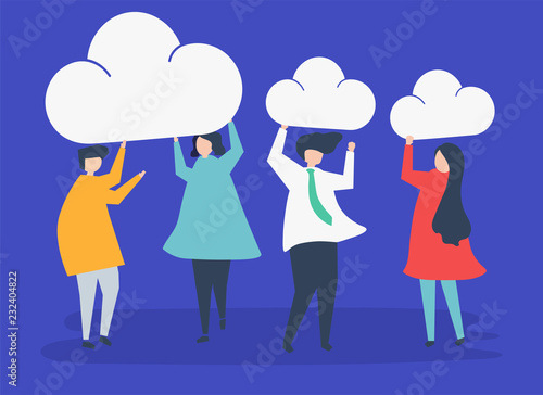Characters of business people holding cloud icons illustration