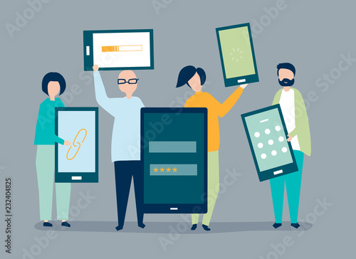 Characters of people holding giant digital devices illustration