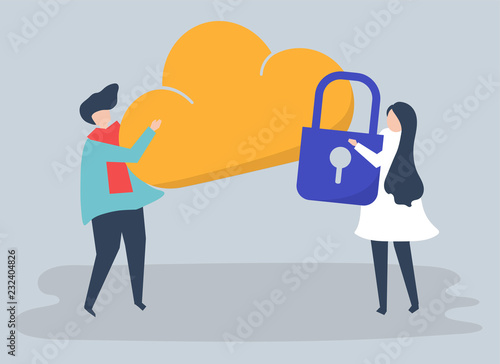 Characters of a couple and a cloud security illustration