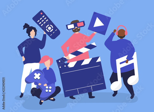 Characters of people holding multimedia icons illustration