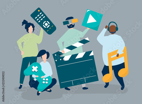 Characters of people holding multimedia icons illustration
