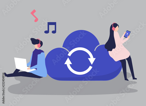 Characters of a couple sharing and listening to music illustration