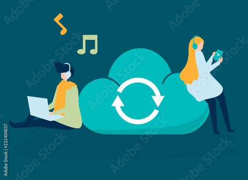 Characters of a couple sharing and listening to music illustration