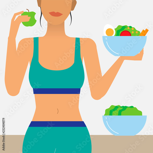 Woman eating healthy food illustration
