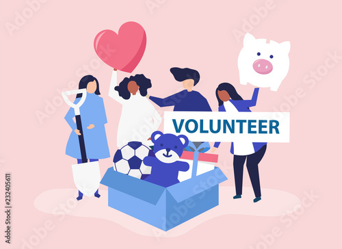 People volunteering and donating money and items  to a charitable cause