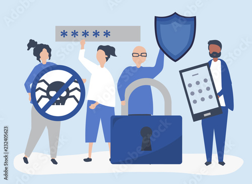 Illustration of people with privacy and security icons
