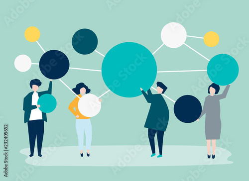 People holding connected copy space circle icons illustration