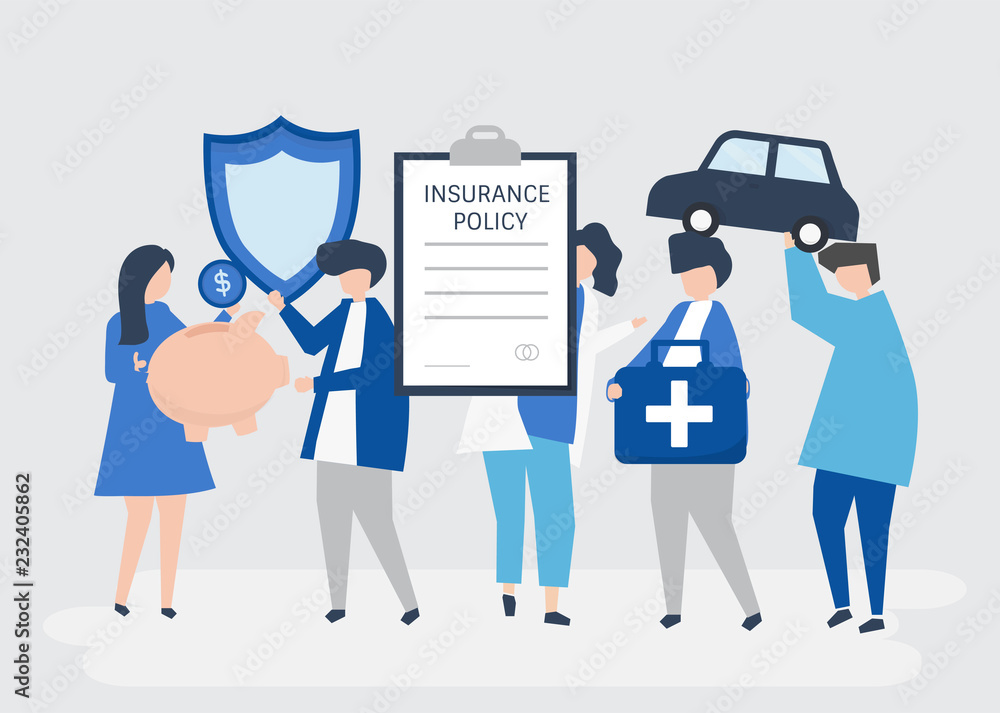 Characters of people holding insurance icons illustration Characters of people holding insurance icons illustration