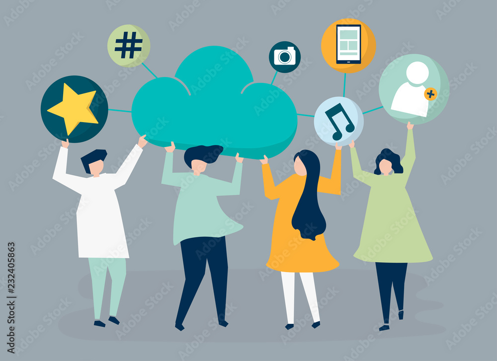 People holding cloud and social networking icons illustration People holding cloud and social networking icons illustration