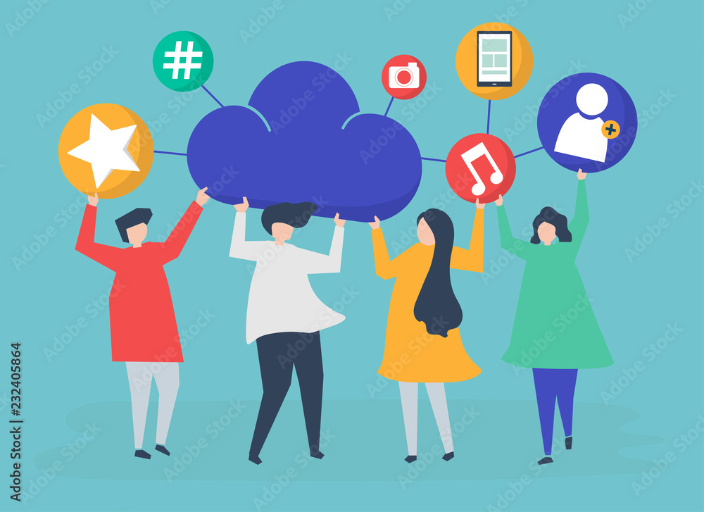 People holding cloud and social networking icons illustration People holding cloud and social networking icons illustration